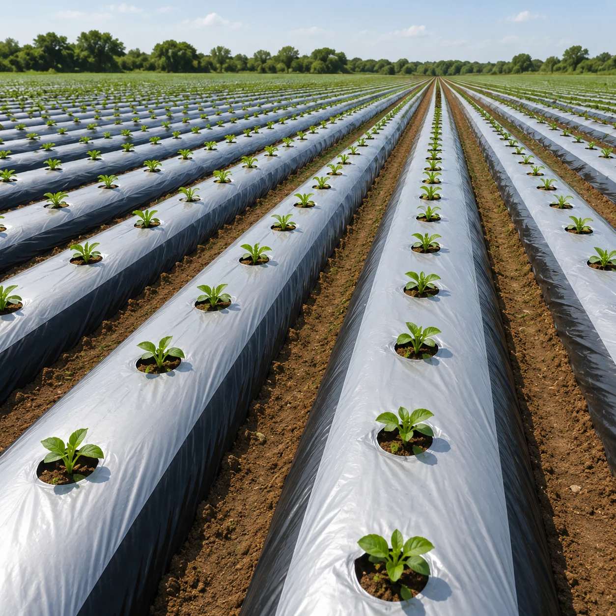 Agricultural mulch film covering crop rows