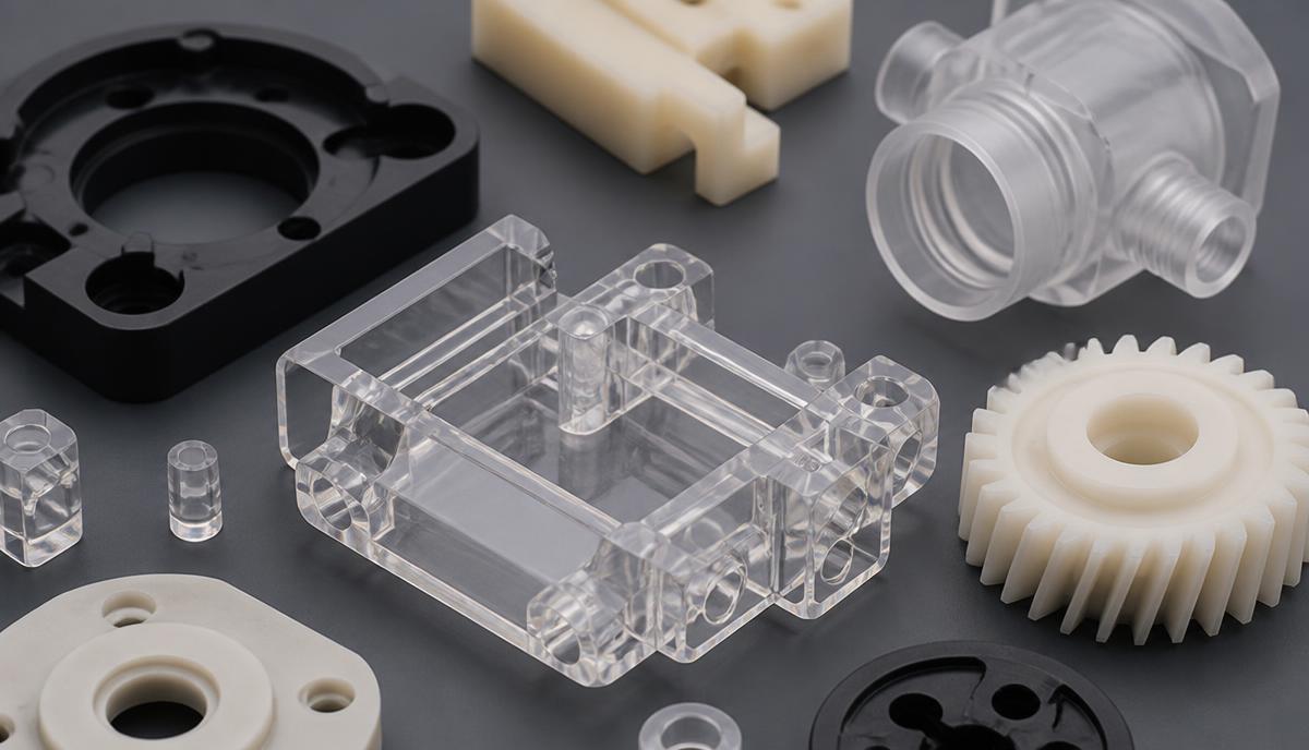 Engineering polymer components including gears, housings and clear molded parts