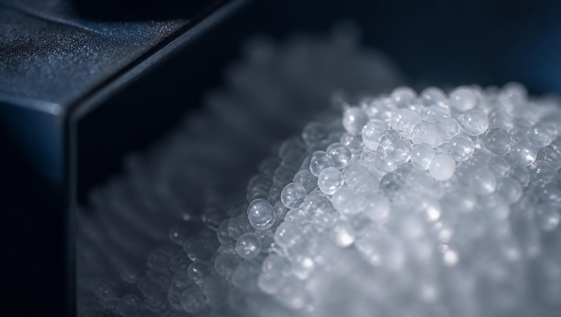 Macro view of translucent polymer pellets in an industrial hopper