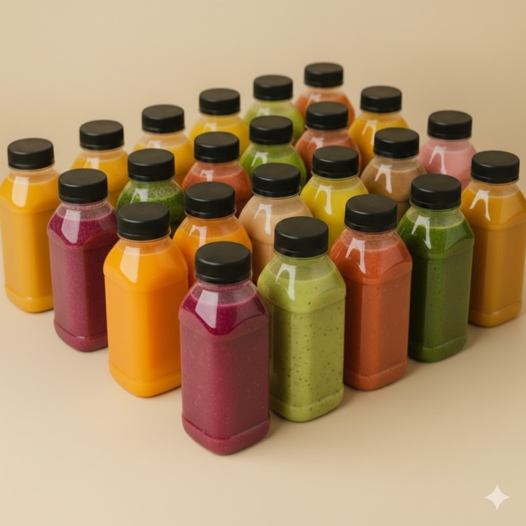 Colorful beverage bottles in food-grade plastic packaging